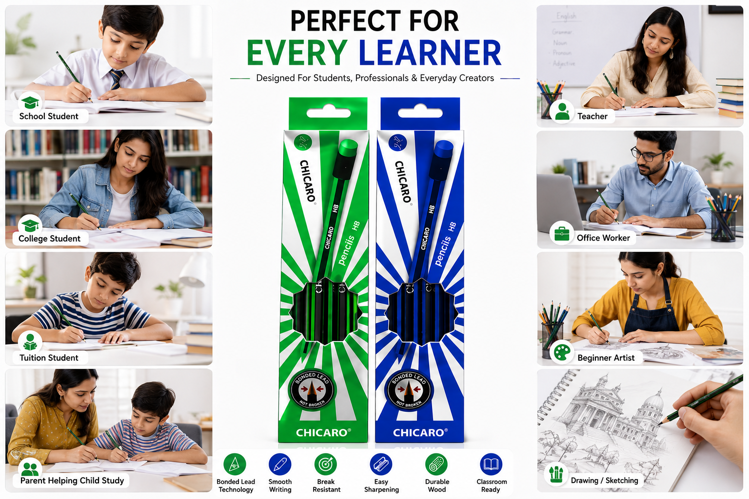 Chicaro HB pencil pack of 12 Smooth Writing & Strong Leads for Everyday Schoolwork