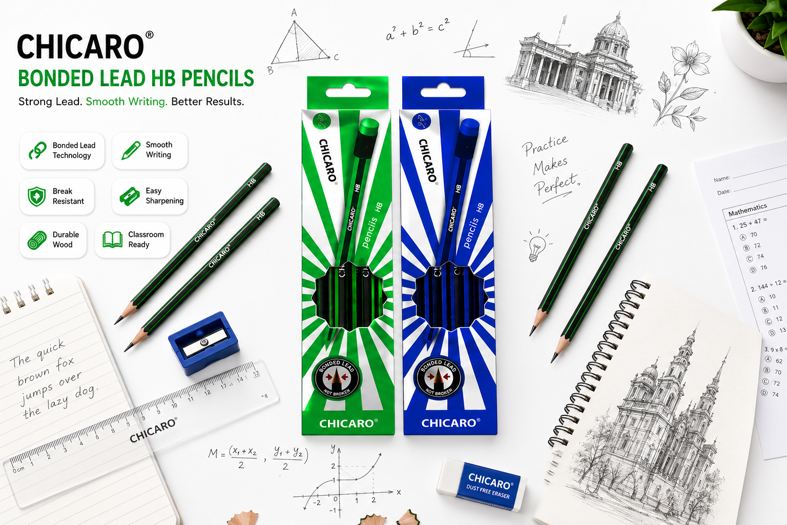 Chicaro HB pencil pack of 12 Smooth Writing & Strong Leads for Everyday Schoolwork