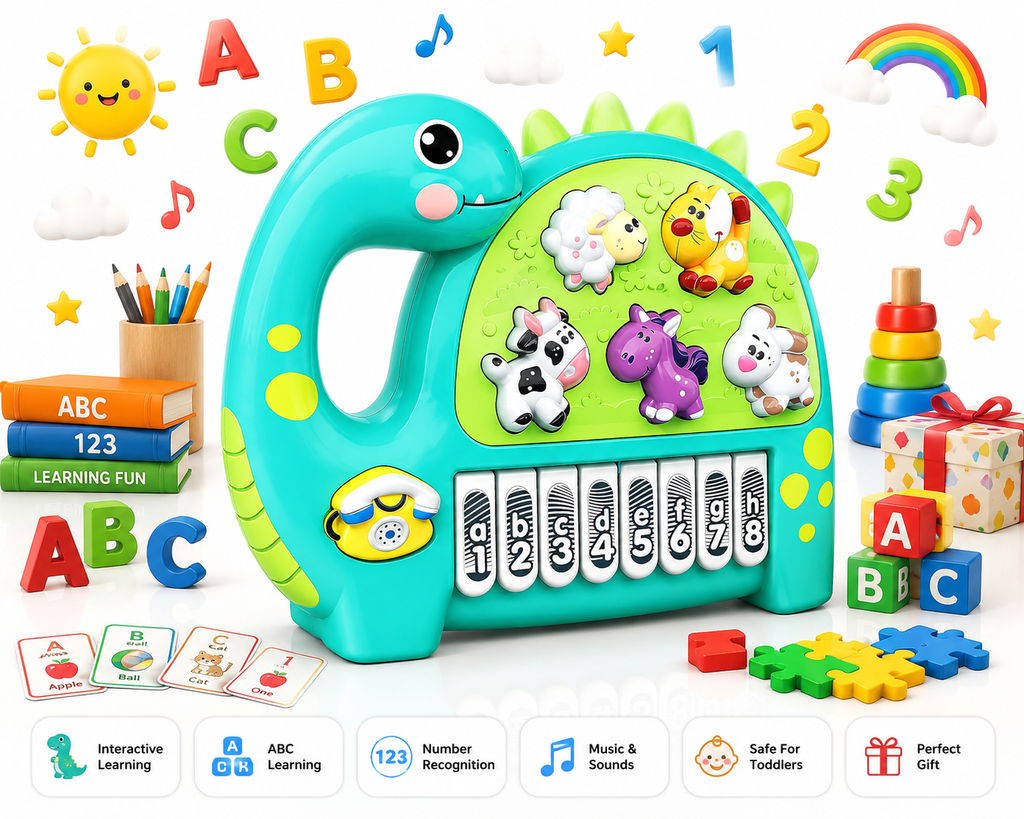 Interactive Musical Dinosaur Toy for Kids, Educational Learning Piano with Animal Sounds, Numbers & ABC Keys, Early Learning Activity Toy for Toddlers
