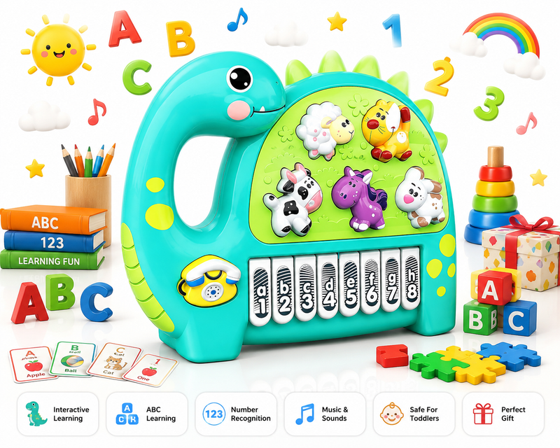 Interactive Musical Dinosaur Toy for Kids, Educational Learning Piano with Animal Sounds, Numbers & ABC Keys, Early Learning Activity Toy for Toddlers