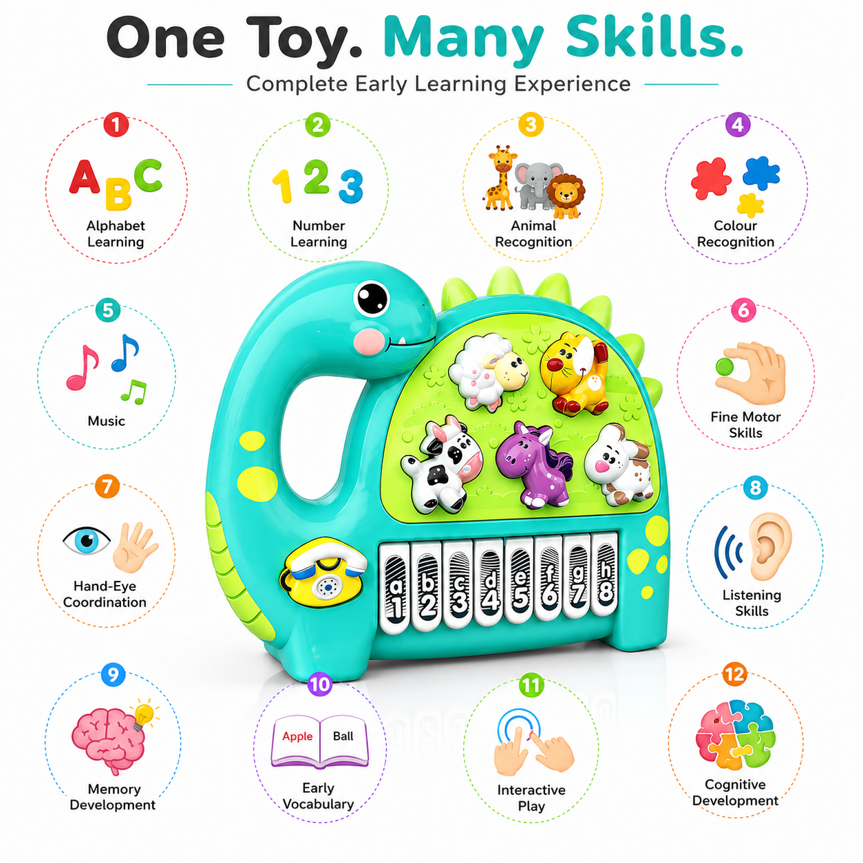 Interactive Musical Dinosaur Toy for Kids, Educational Learning Piano with Animal Sounds, Numbers & ABC Keys, Early Learning Activity Toy for Toddlers