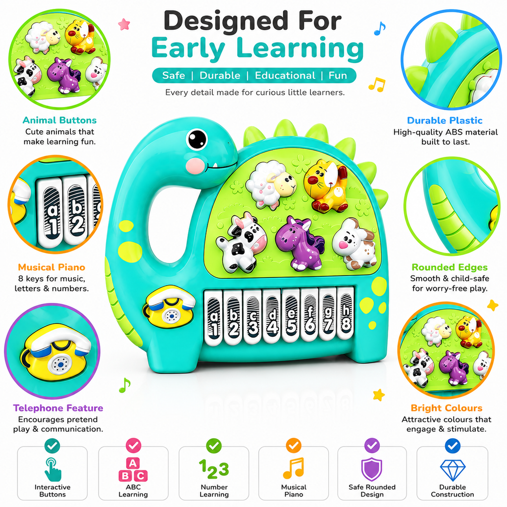 Interactive Musical Dinosaur Toy for Kids, Educational Learning Piano with Animal Sounds, Numbers & ABC Keys, Early Learning Activity Toy for Toddlers
