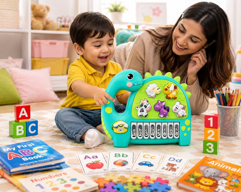 Interactive Musical Dinosaur Toy for Kids, Educational Learning Piano with Animal Sounds, Numbers & ABC Keys, Early Learning Activity Toy for Toddlers