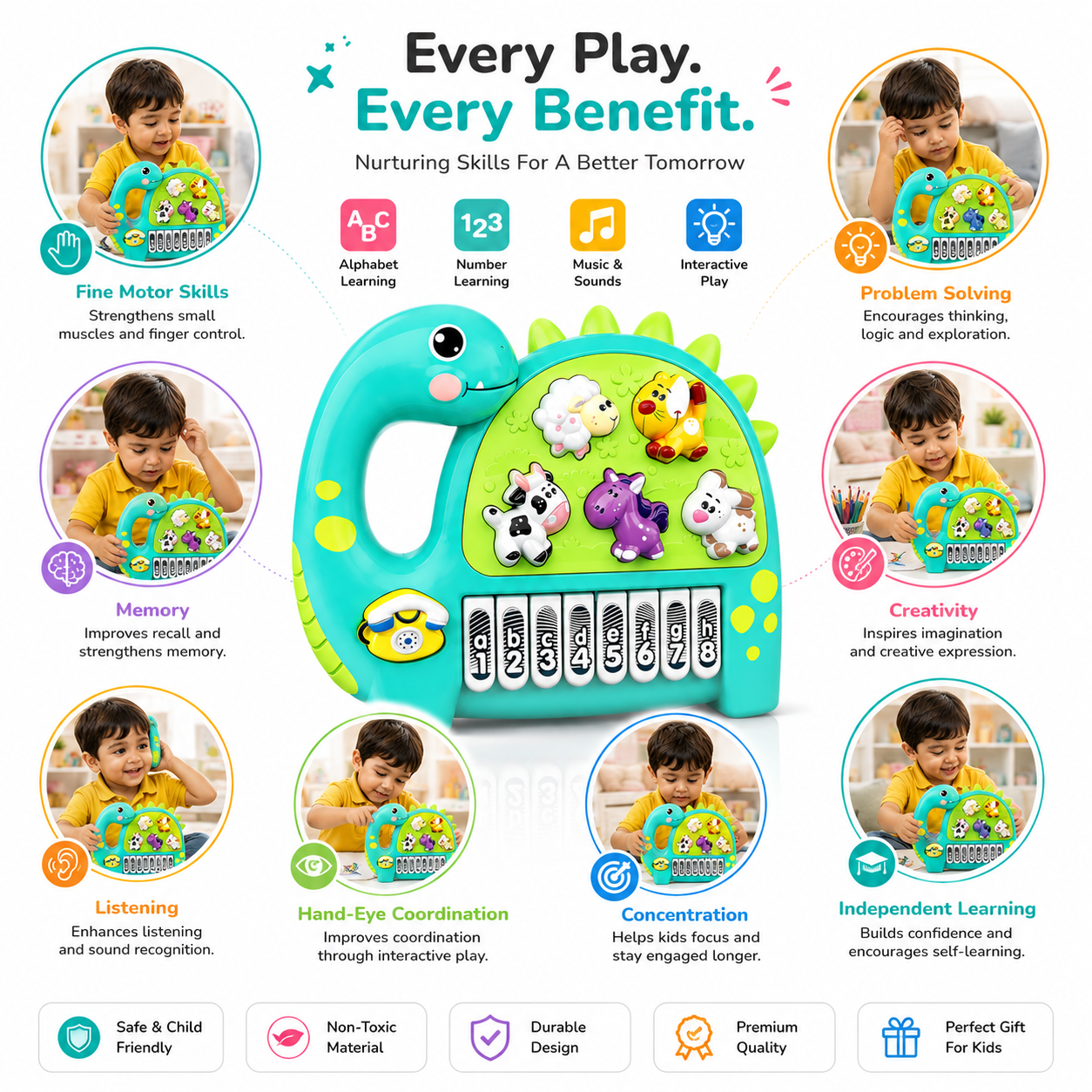 Interactive Musical Dinosaur Toy for Kids, Educational Learning Piano with Animal Sounds, Numbers & ABC Keys, Early Learning Activity Toy for Toddlers