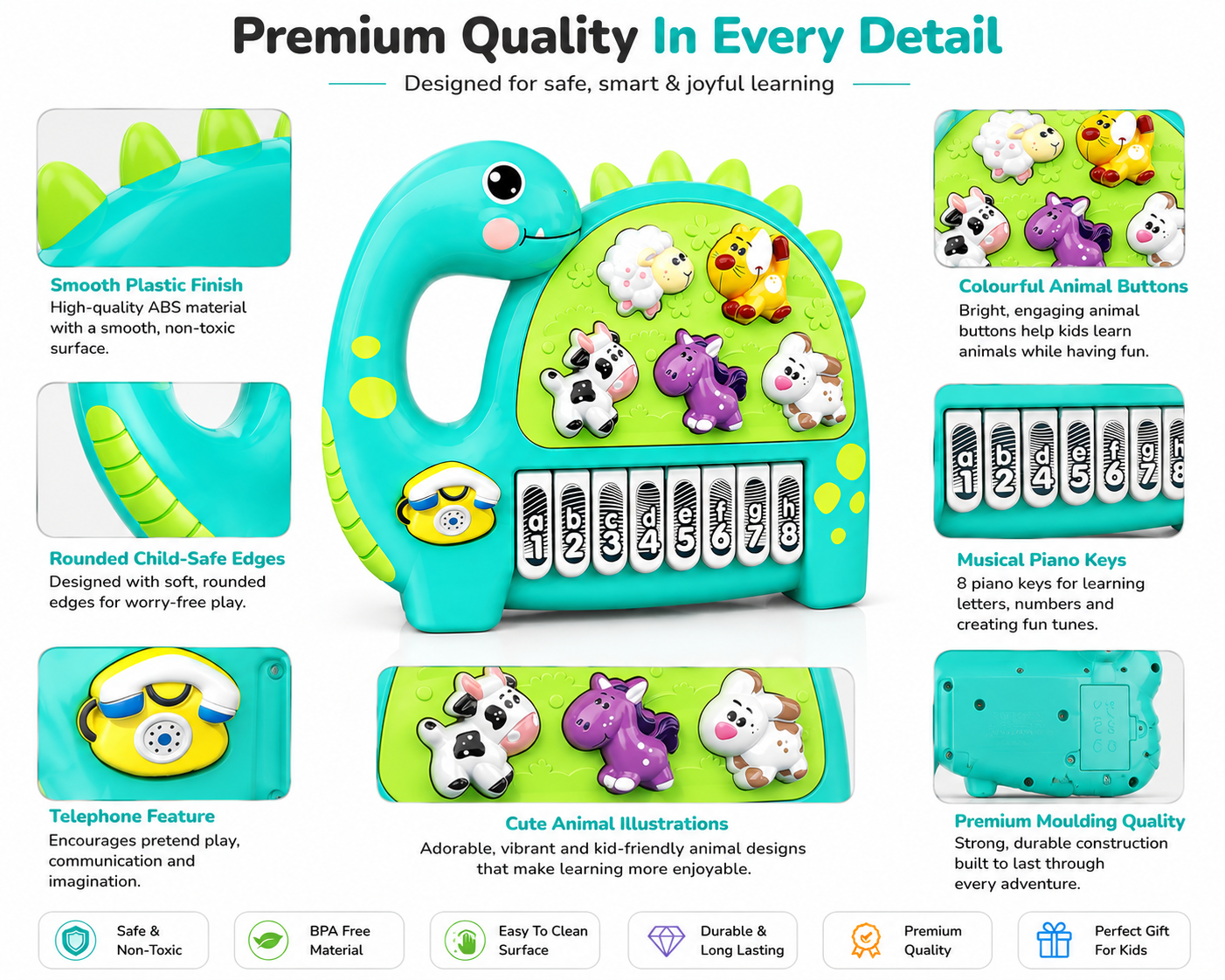 Interactive Musical Dinosaur Toy for Kids, Educational Learning Piano with Animal Sounds, Numbers & ABC Keys, Early Learning Activity Toy for Toddlers