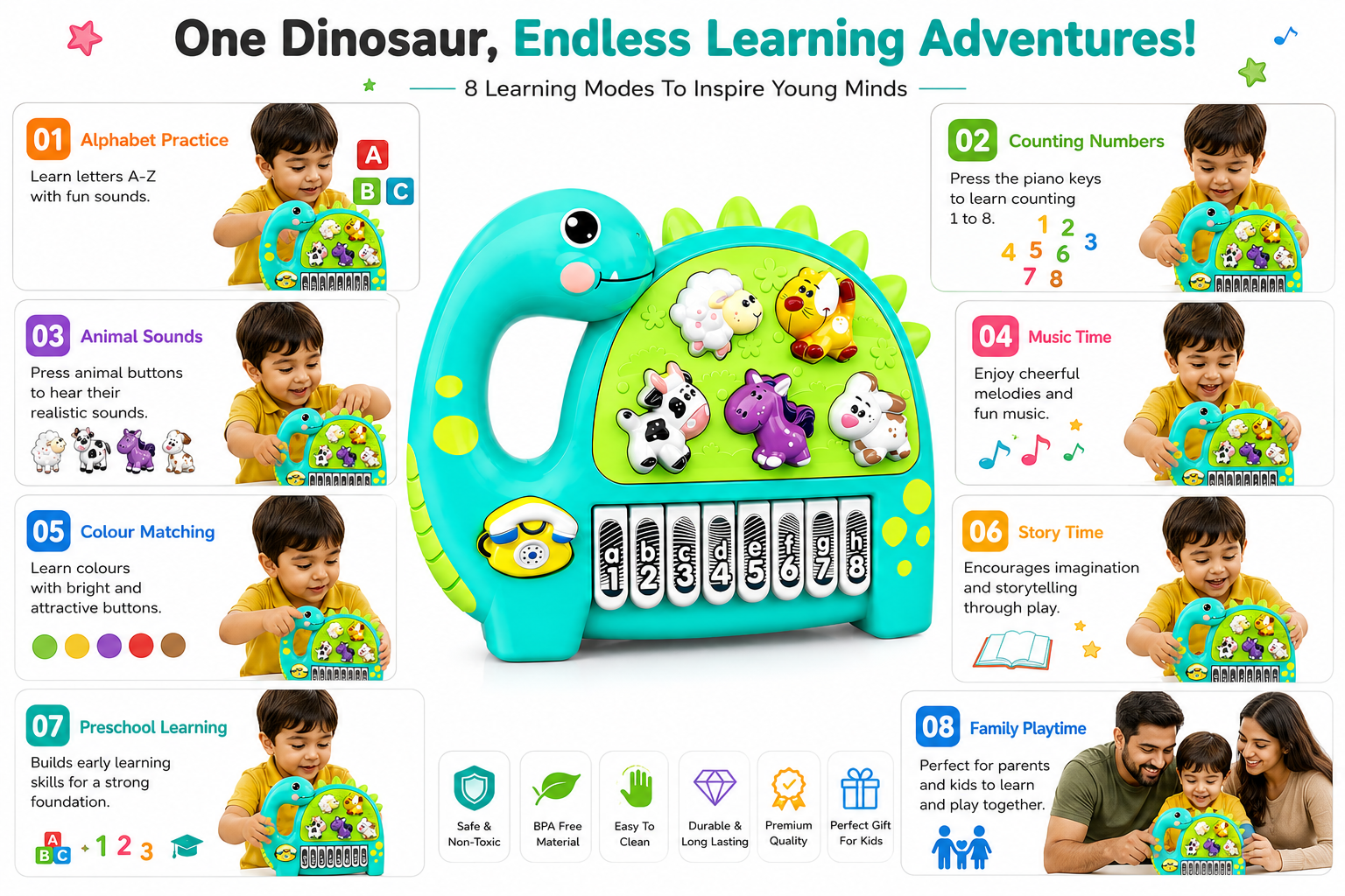 Interactive Musical Dinosaur Toy for Kids, Educational Learning Piano with Animal Sounds, Numbers & ABC Keys, Early Learning Activity Toy for Toddlers