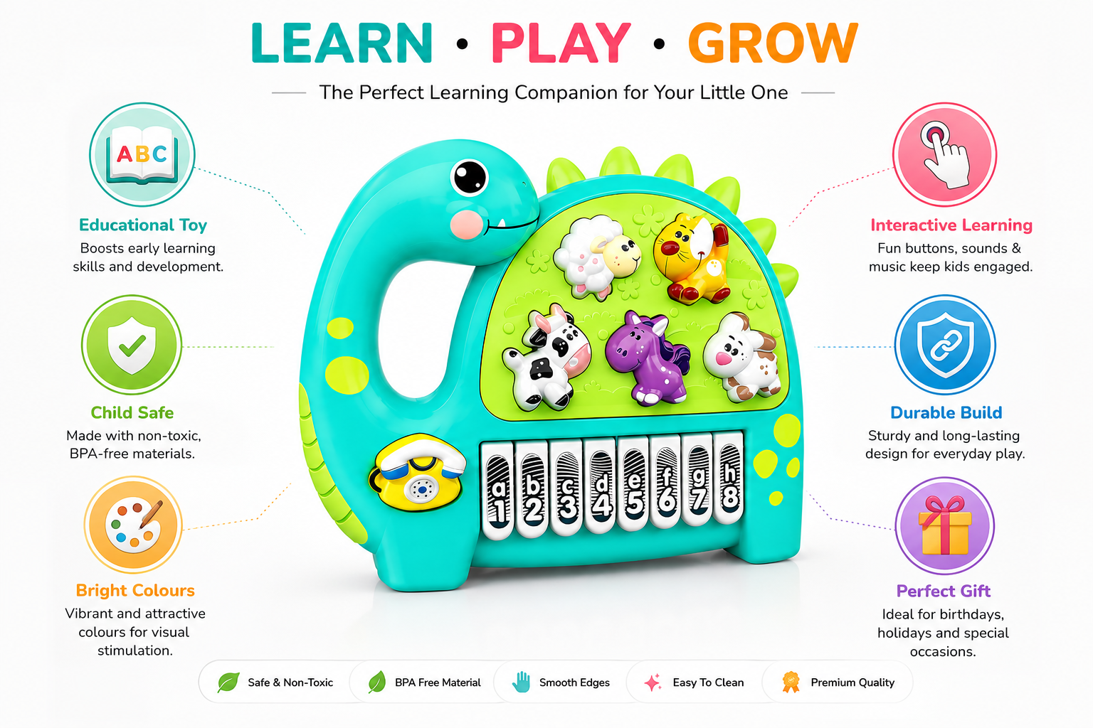 Interactive Musical Dinosaur Toy for Kids, Educational Learning Piano with Animal Sounds, Numbers & ABC Keys, Early Learning Activity Toy for Toddlers
