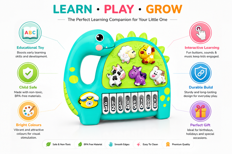 Interactive Musical Dinosaur Toy for Kids, Educational Learning Piano with Animal Sounds, Numbers & ABC Keys, Early Learning Activity Toy for Toddlers