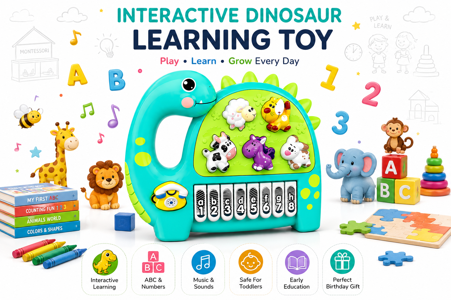 Interactive Musical Dinosaur Toy for Kids, Educational Learning Piano with Animal Sounds, Numbers & ABC Keys, Early Learning Activity Toy for Toddlers