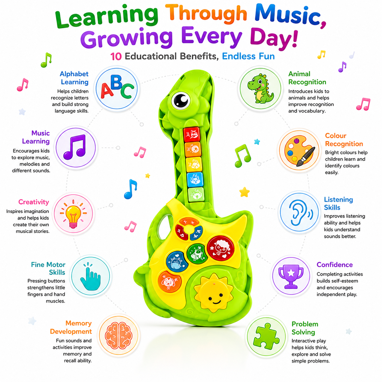 Dinosaur Musical Guitar Toy for Kids, Interactive Educational Music Toy with 100+ Melodies, Colorful Sound Buttons & Fun Songs, Easy-to-Play Early Learning Guitar for Toddlers