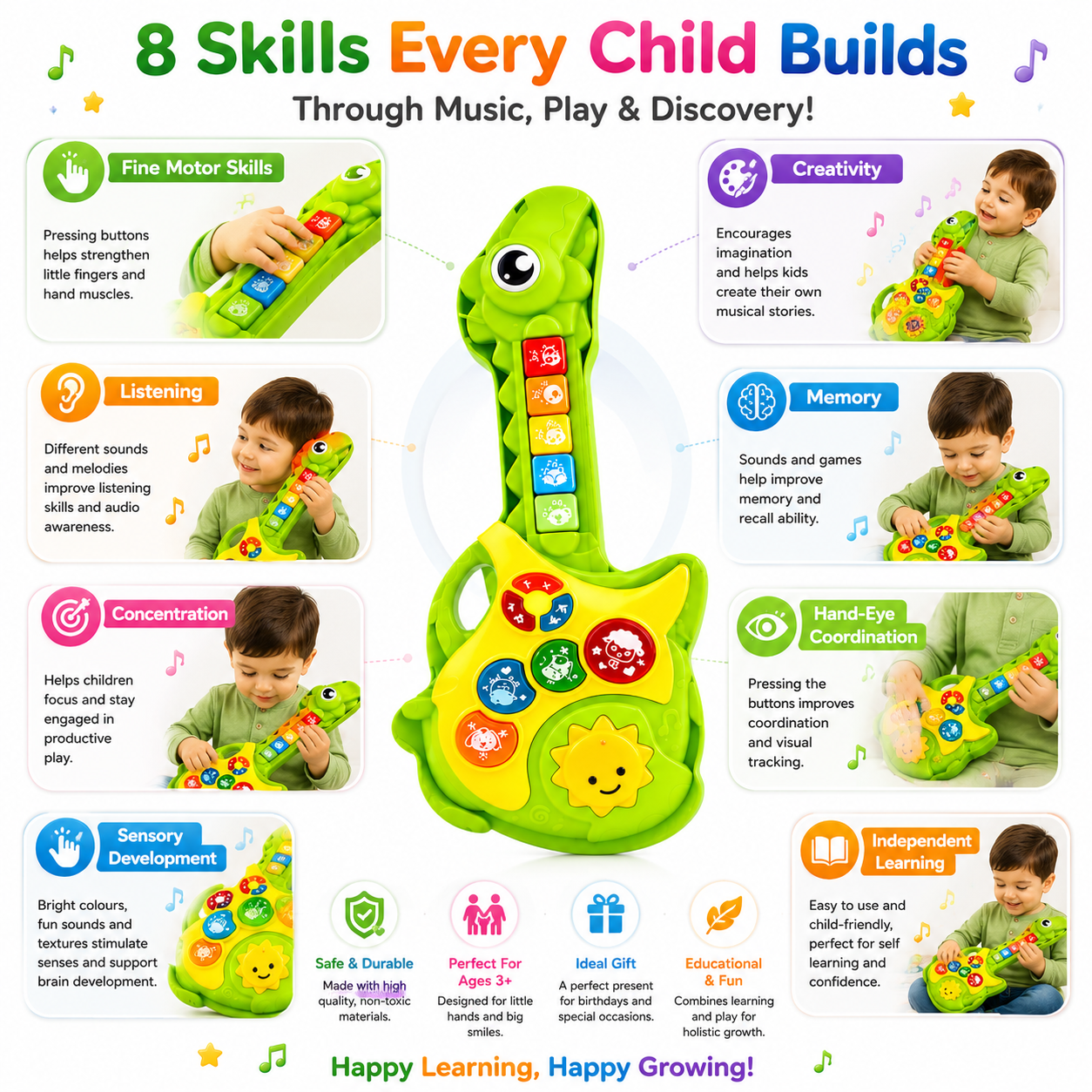 Dinosaur Musical Guitar Toy for Kids, Interactive Educational Music Toy with 100+ Melodies, Colorful Sound Buttons & Fun Songs, Easy-to-Play Early Learning Guitar for Toddlers