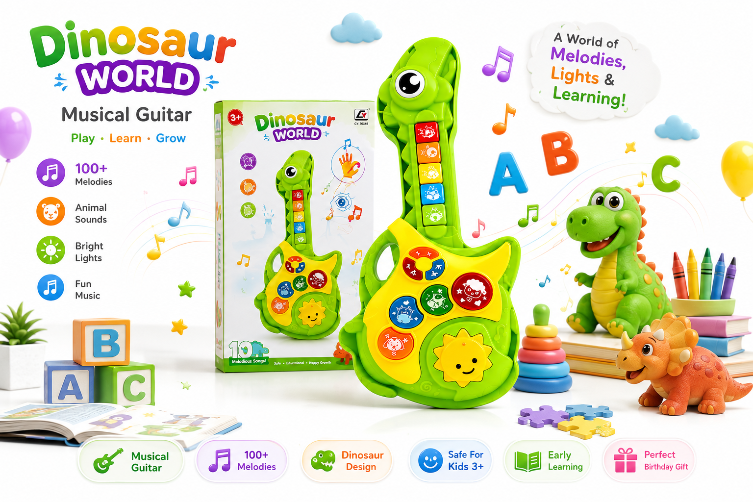 Dinosaur Musical Guitar Toy for Kids, Interactive Educational Music Toy with 100+ Melodies, Colorful Sound Buttons & Fun Songs, Easy-to-Play Early Learning Guitar for Toddlers
