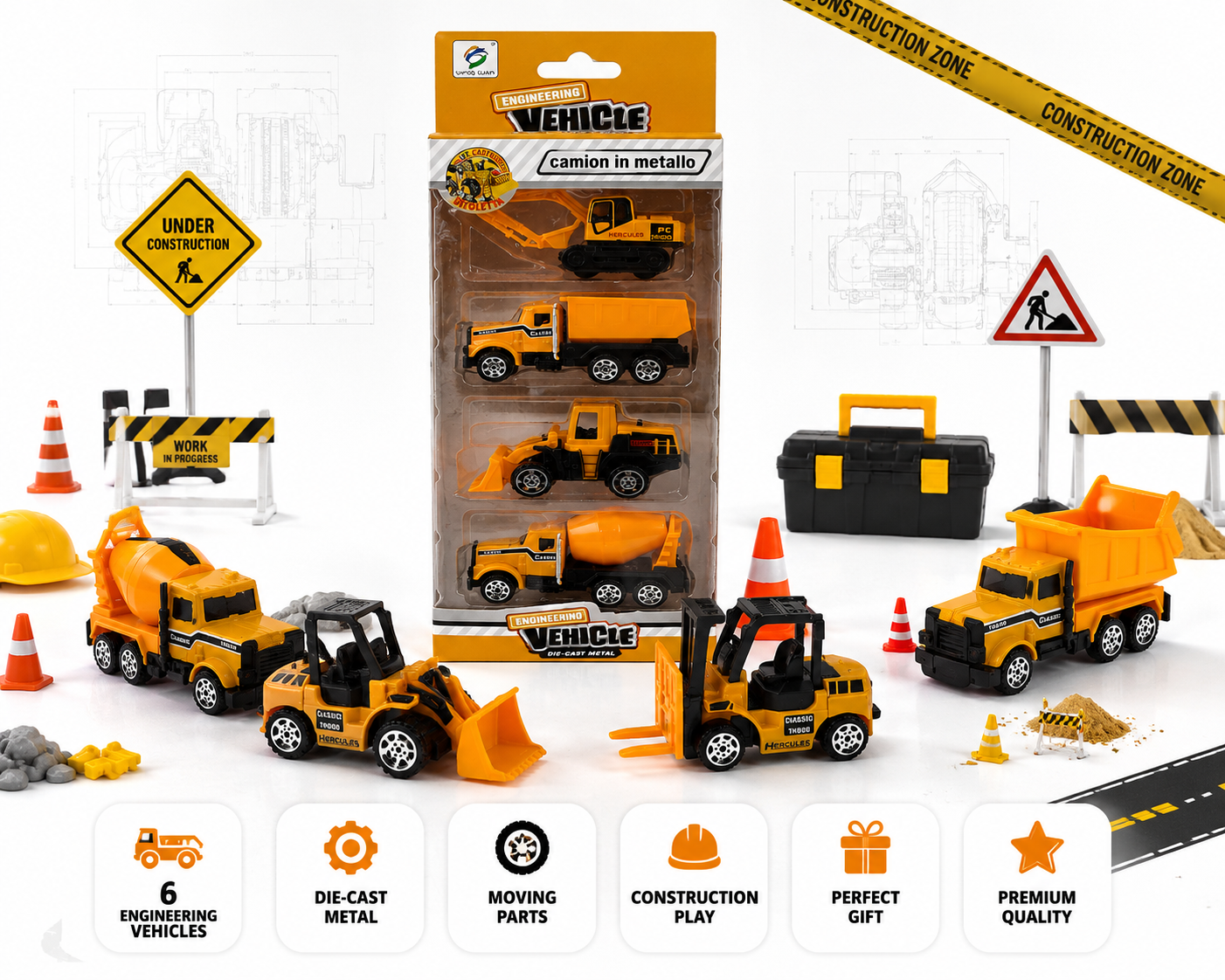6-Piece Die-Cast Construction Vehicle Set for Kids, Engineering Toy Trucks with Moving Parts, Excavator, Dump Truck, Loader & Cement Mixer, Durable Metal Construction Vehicles