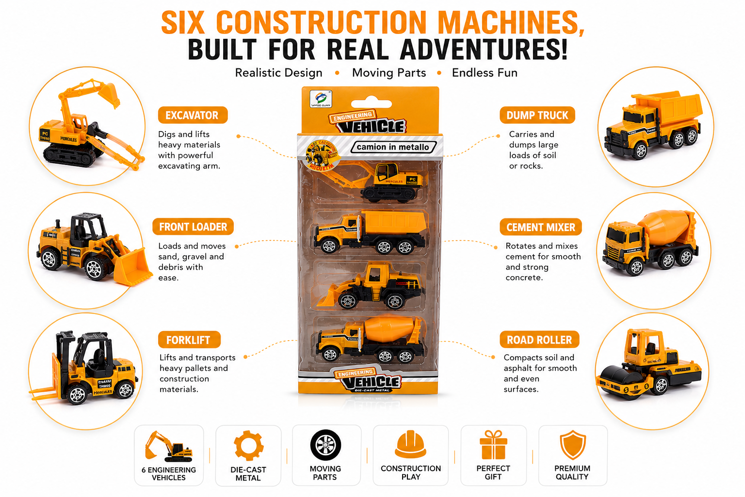 6-Piece Die-Cast Construction Vehicle Set for Kids, Engineering Toy Trucks with Moving Parts, Excavator, Dump Truck, Loader & Cement Mixer, Durable Metal Construction Vehicles