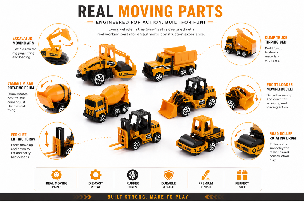 6-Piece Die-Cast Construction Vehicle Set for Kids, Engineering Toy Trucks with Moving Parts, Excavator, Dump Truck, Loader & Cement Mixer, Durable Metal Construction Vehicles
