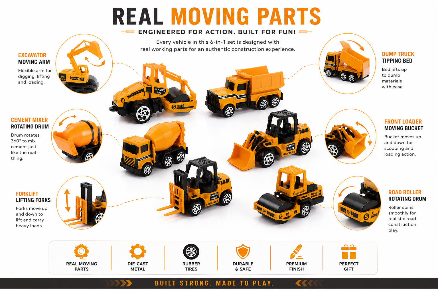 6-Piece Die-Cast Construction Vehicle Set for Kids, Engineering Toy Trucks with Moving Parts, Excavator, Dump Truck, Loader & Cement Mixer, Durable Metal Construction Vehicles