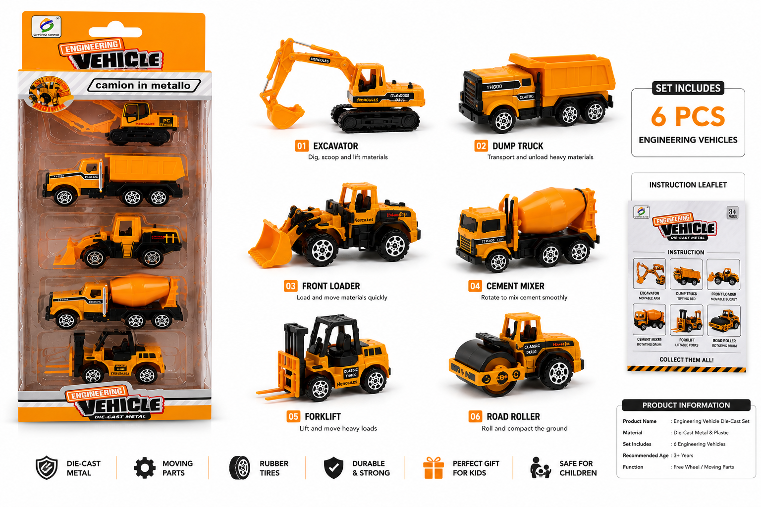 6-Piece Die-Cast Construction Vehicle Set for Kids, Engineering Toy Trucks with Moving Parts, Excavator, Dump Truck, Loader & Cement Mixer, Durable Metal Construction Vehicles