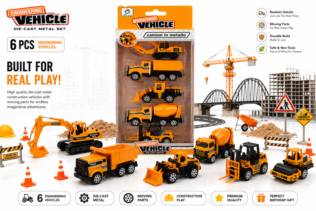 6-Piece Die-Cast Construction Vehicle Set for Kids, Engineering Toy Trucks with Moving Parts, Excavator, Dump Truck, Loader & Cement Mixer, Durable Metal Construction Vehicles