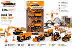 6-Piece Die-Cast Construction Vehicle Set for Kids, Engineering Toy Trucks with Moving Parts, Excavator, Dump Truck, Loader & Cement Mixer, Durable Metal Construction Vehicles