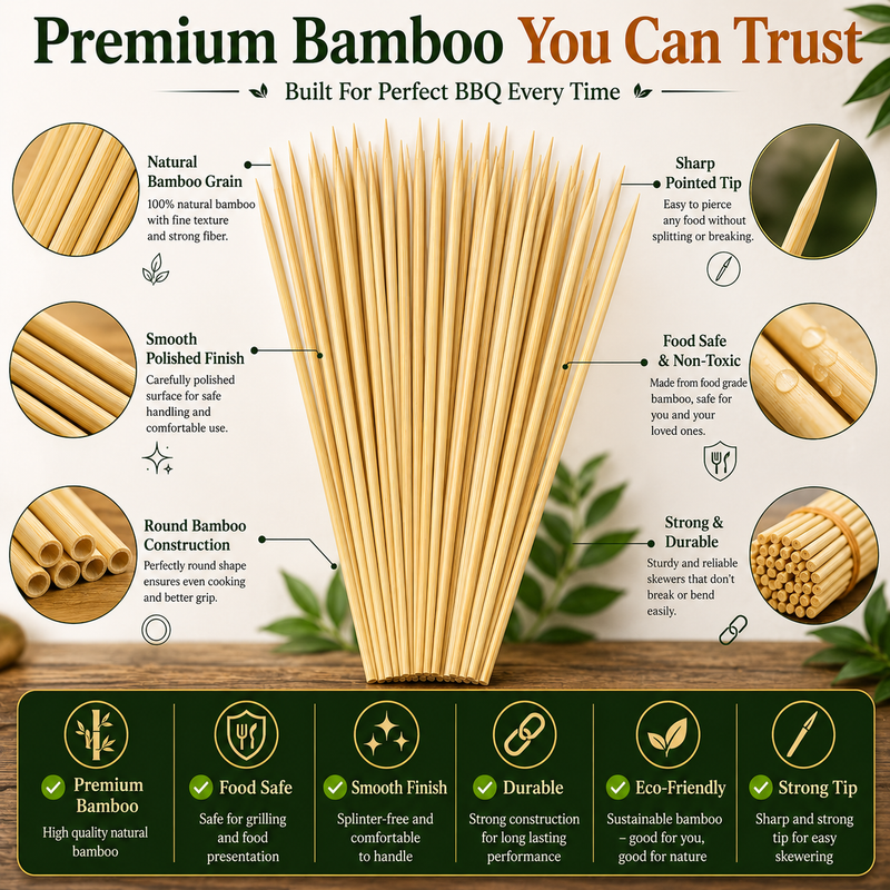 Premium 19.5cm Wooden Skewers – Food Grade Bamboo Sticks for BBQ, Chicken, Meat, Fruits & Restaurant Use