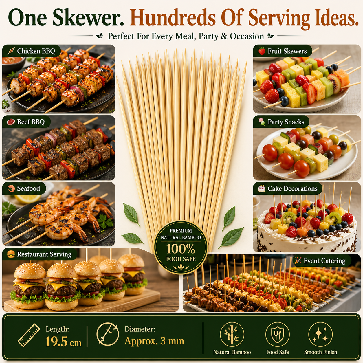 Premium 19.5cm Wooden Skewers – Food Grade Bamboo Sticks for BBQ, Chicken, Meat, Fruits & Restaurant Use