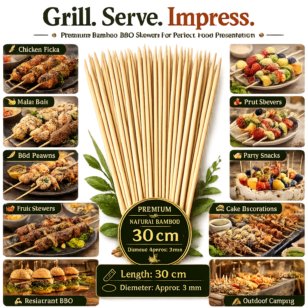 30cm Bamboo BBQ Skewers – Natural Wooden Food Sticks for Chicken Tikka, Kebabs, BBQ, Fruits, Snacks, Desserts & Outdoor Grilling