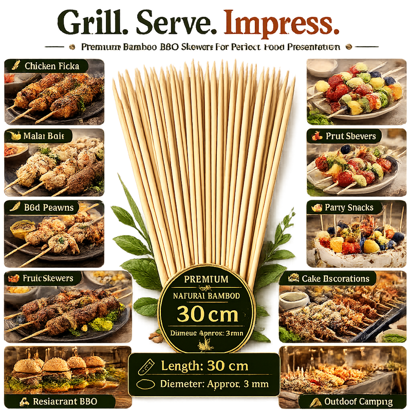 30cm Bamboo BBQ Skewers – Natural Wooden Food Sticks for Chicken Tikka, Kebabs, BBQ, Fruits, Snacks, Desserts & Outdoor Grilling