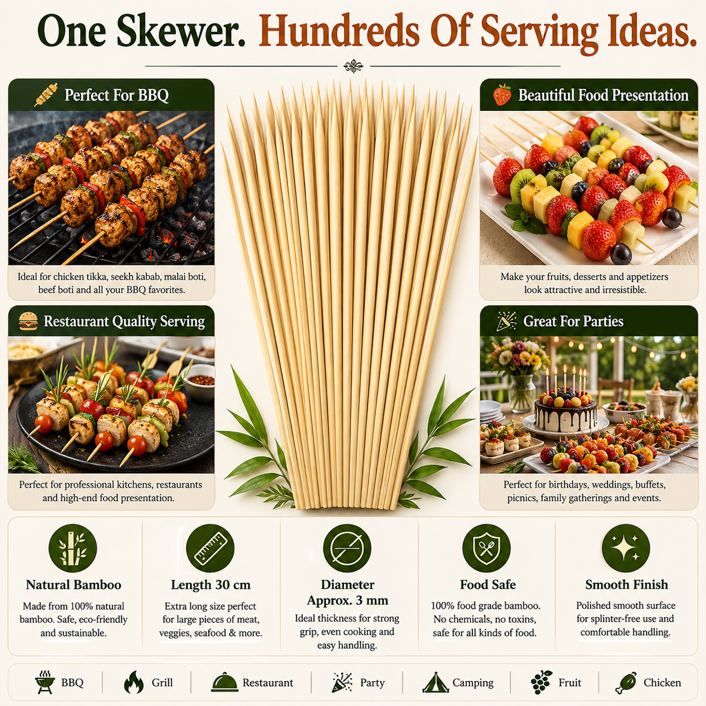30cm Bamboo BBQ Skewers – Natural Wooden Food Sticks for Chicken Tikka, Kebabs, BBQ, Fruits, Snacks, Desserts & Outdoor Grilling