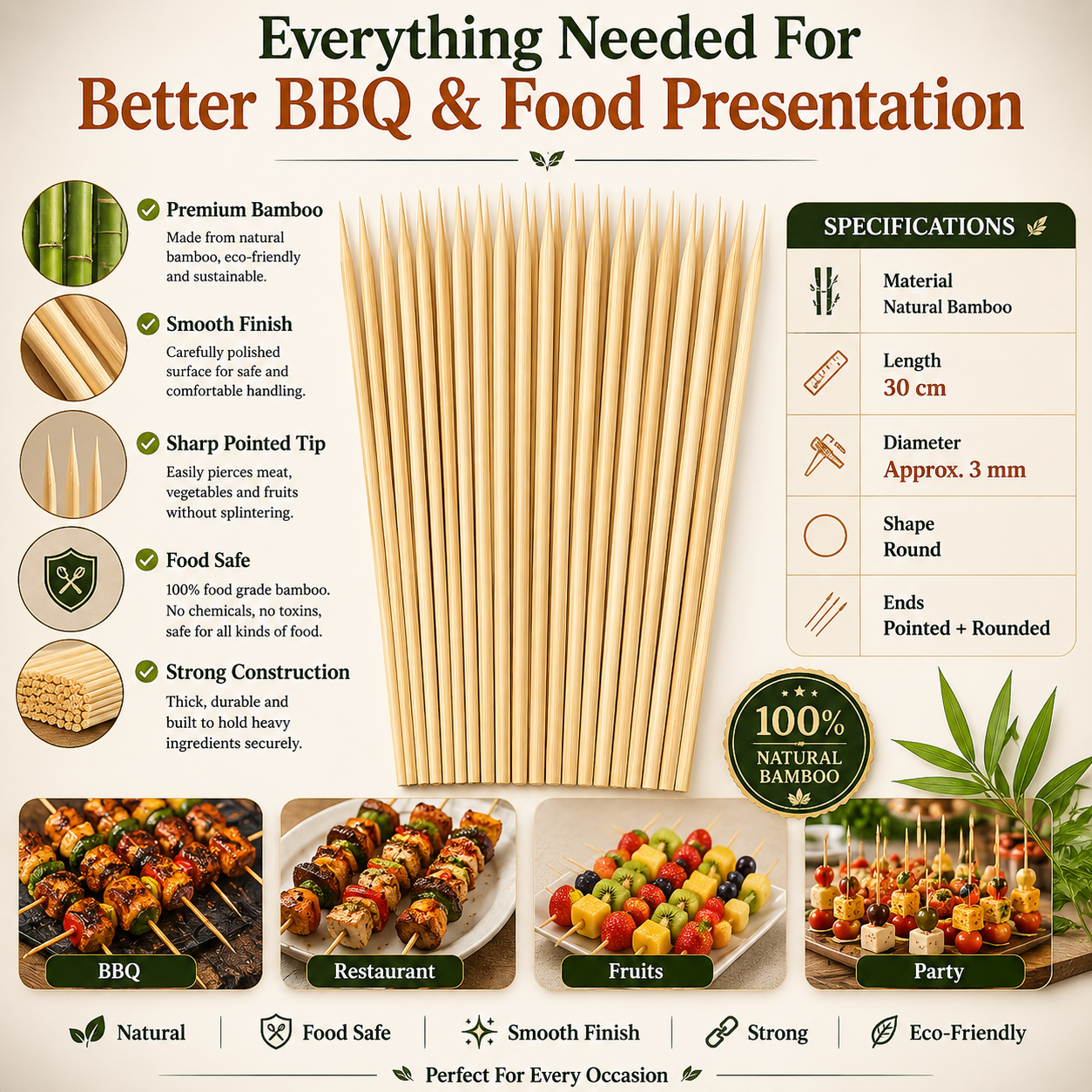 30cm Bamboo BBQ Skewers – Natural Wooden Food Sticks for Chicken Tikka, Kebabs, BBQ, Fruits, Snacks, Desserts & Outdoor Grilling