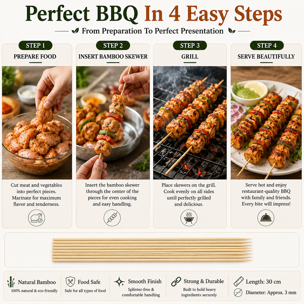 30cm Bamboo BBQ Skewers – Natural Wooden Food Sticks for Chicken Tikka, Kebabs, BBQ, Fruits, Snacks, Desserts & Outdoor Grilling