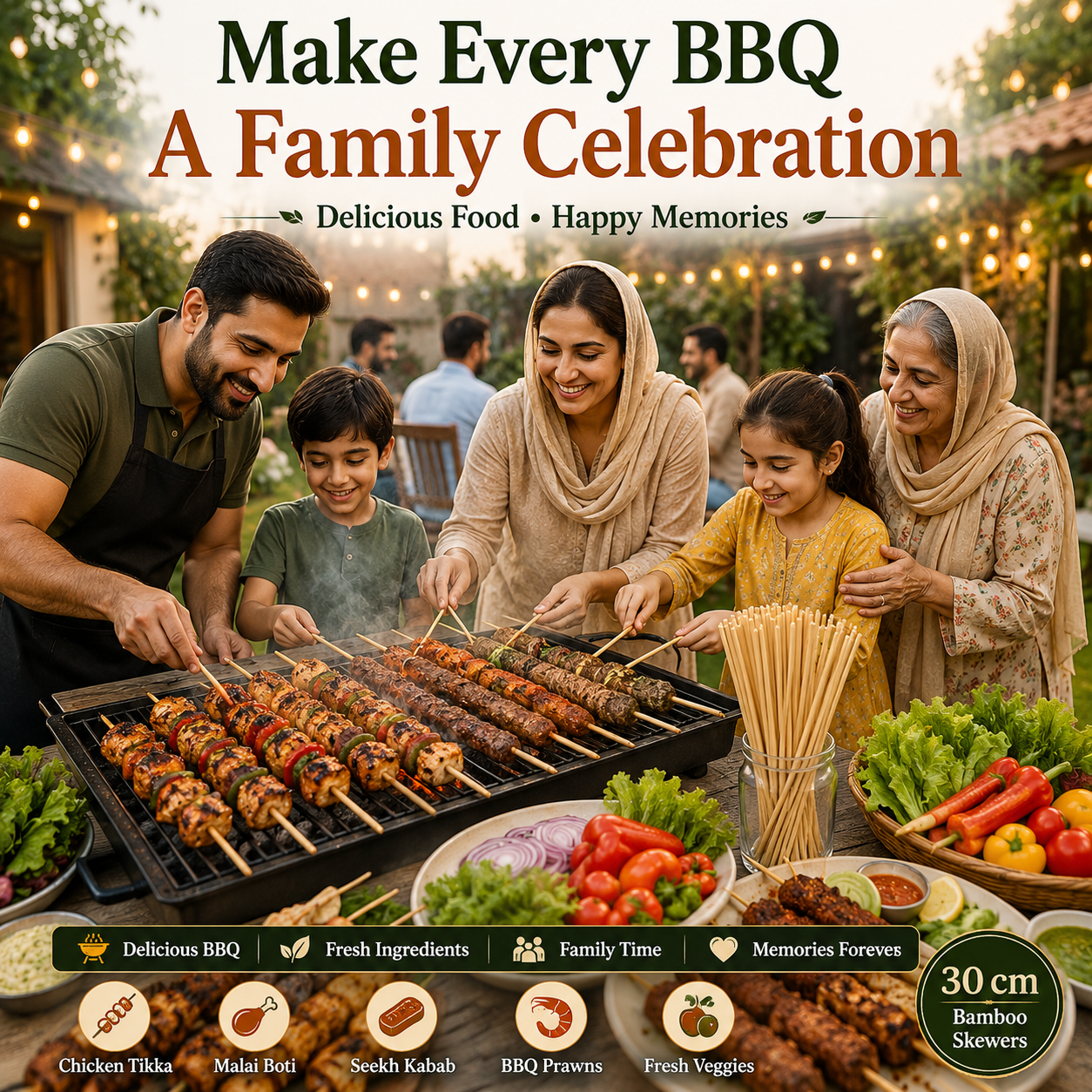 30cm Bamboo BBQ Skewers – Natural Wooden Food Sticks for Chicken Tikka, Kebabs, BBQ, Fruits, Snacks, Desserts & Outdoor Grilling