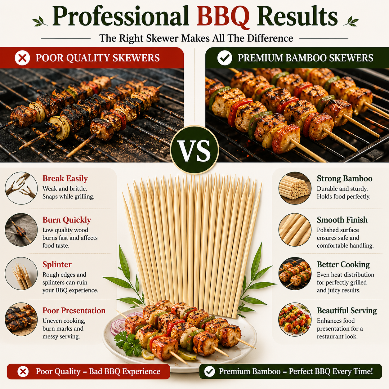 30cm Bamboo BBQ Skewers – Natural Wooden Food Sticks for Chicken Tikka, Kebabs, BBQ, Fruits, Snacks, Desserts & Outdoor Grilling