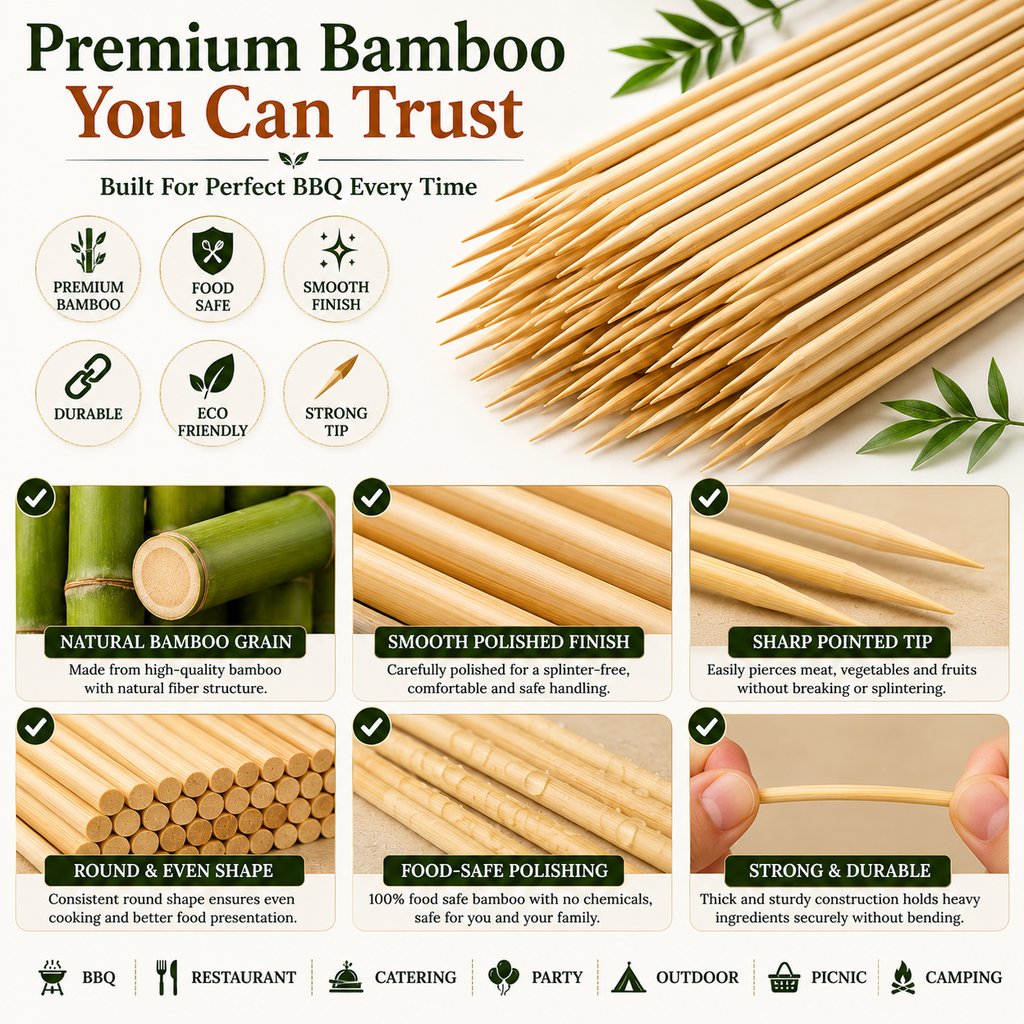 30cm Bamboo BBQ Skewers – Natural Wooden Food Sticks for Chicken Tikka, Kebabs, BBQ, Fruits, Snacks, Desserts & Outdoor Grilling