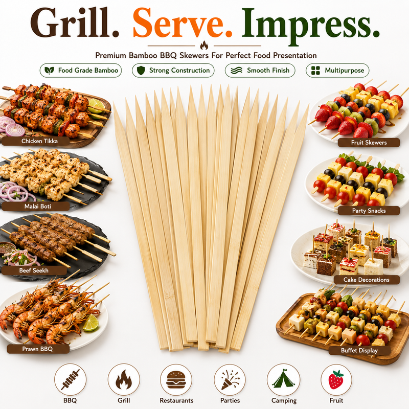 Natural Bamboo Food Skewers – Strong Wooden Sticks for BBQ, Grilling, Kebabs, Fruit Skewers & Parties