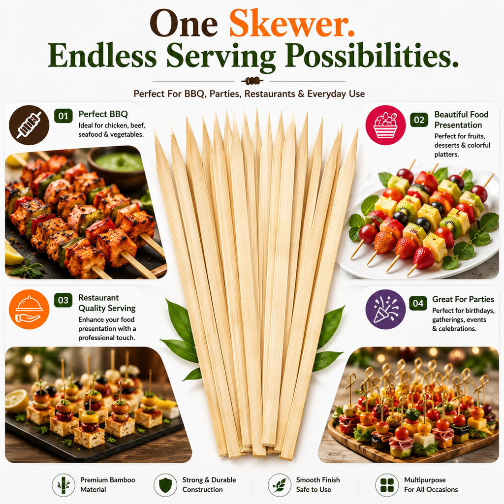 Natural Bamboo Food Skewers – Strong Wooden Sticks for BBQ, Grilling, Kebabs, Fruit Skewers & Parties