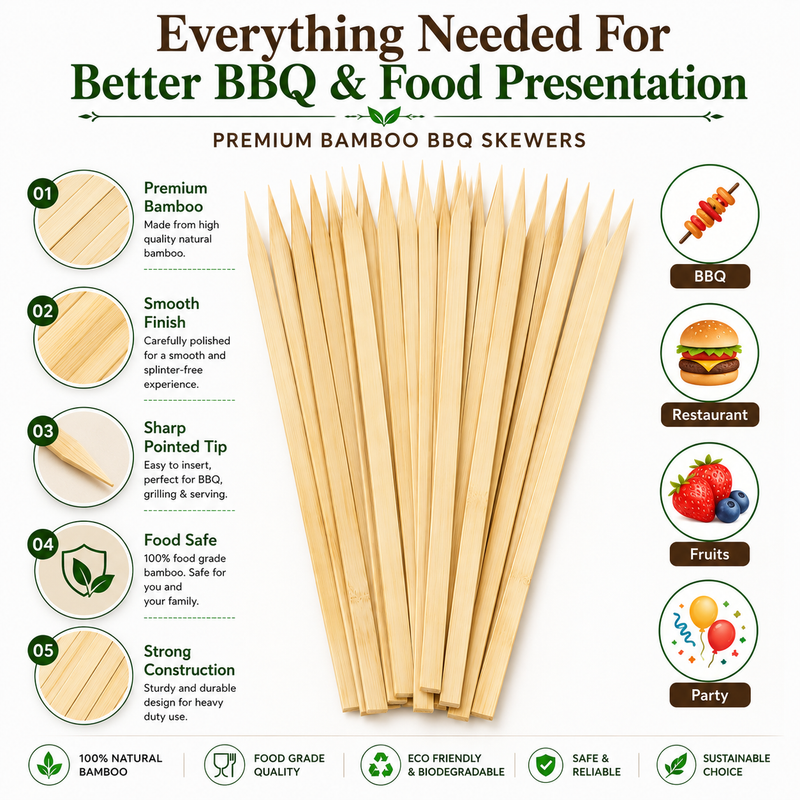 Natural Bamboo Food Skewers – Strong Wooden Sticks for BBQ, Grilling, Kebabs, Fruit Skewers & Parties