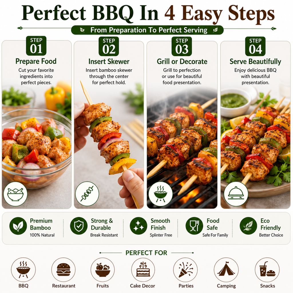 Natural Bamboo Food Skewers – Strong Wooden Sticks for BBQ, Grilling, Kebabs, Fruit Skewers & Parties