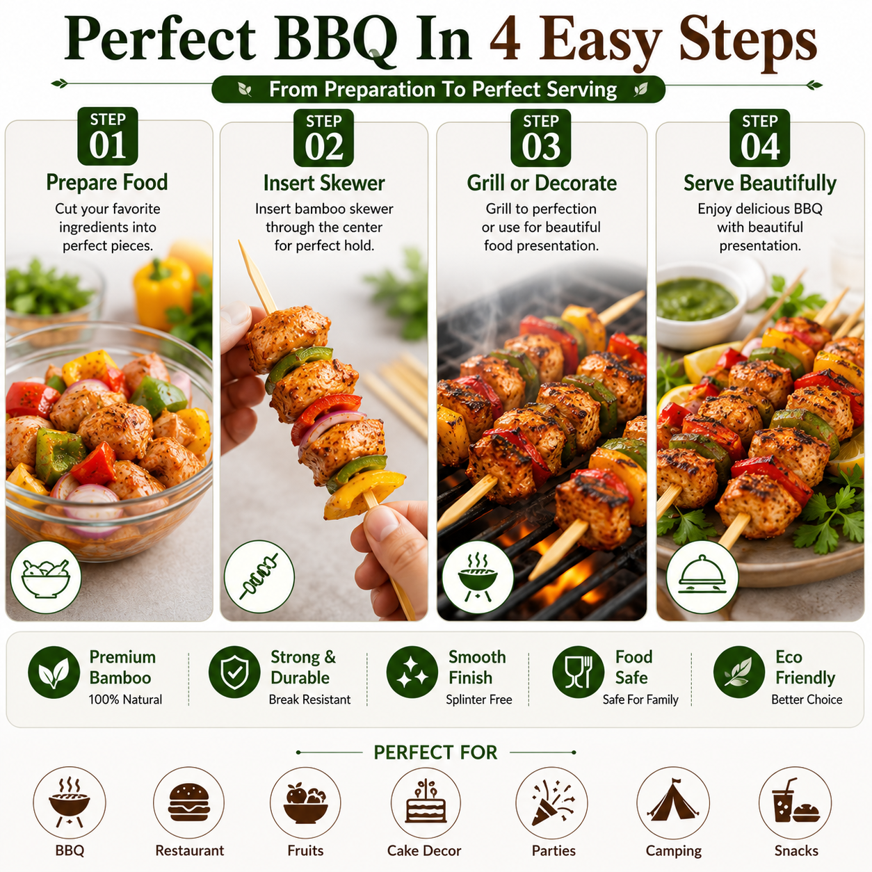 Natural Bamboo Food Skewers – Strong Wooden Sticks for BBQ, Grilling, Kebabs, Fruit Skewers & Parties