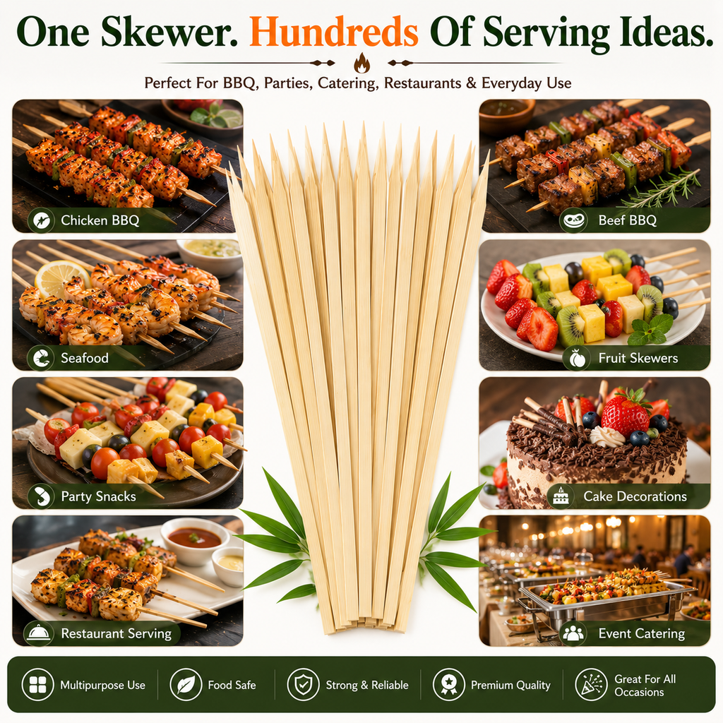 Natural Bamboo Food Skewers – Strong Wooden Sticks for BBQ, Grilling, Kebabs, Fruit Skewers & Parties