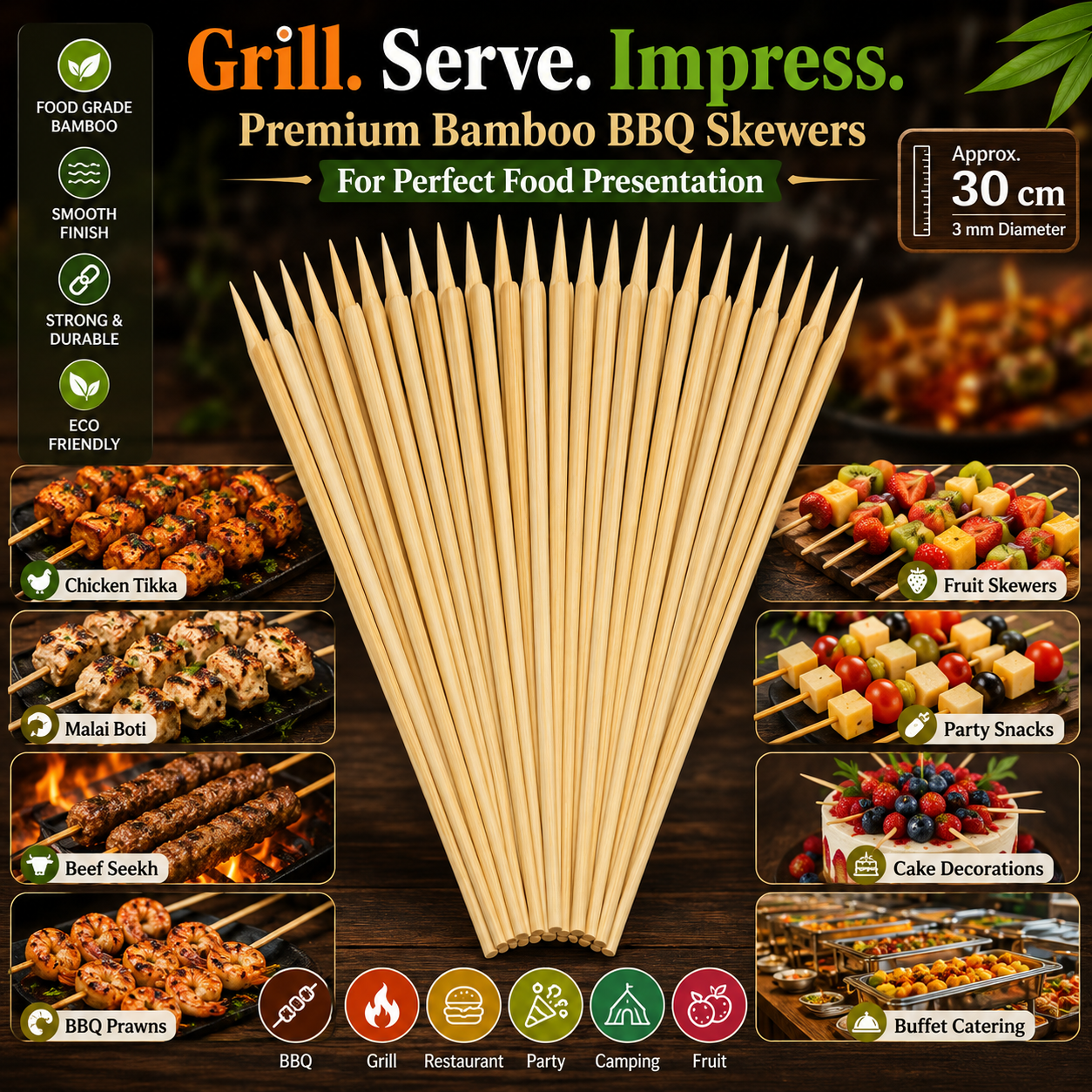 10cm Premium Bamboo Skewers – Eco-Friendly Wooden BBQ Sticks for Grilling, Food Presentation & Parties