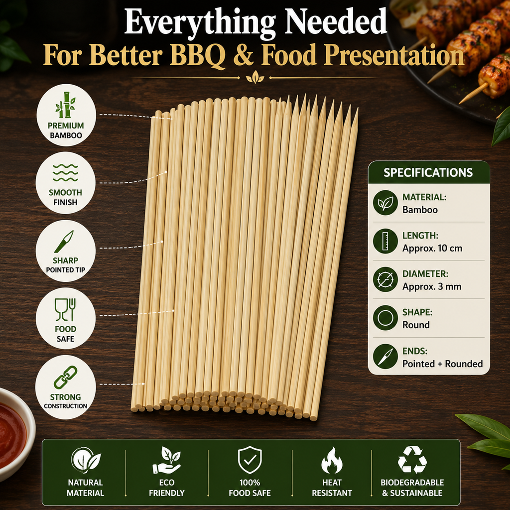 10cm Premium Bamboo Skewers – Eco-Friendly Wooden BBQ Sticks for Grilling, Food Presentation & Parties