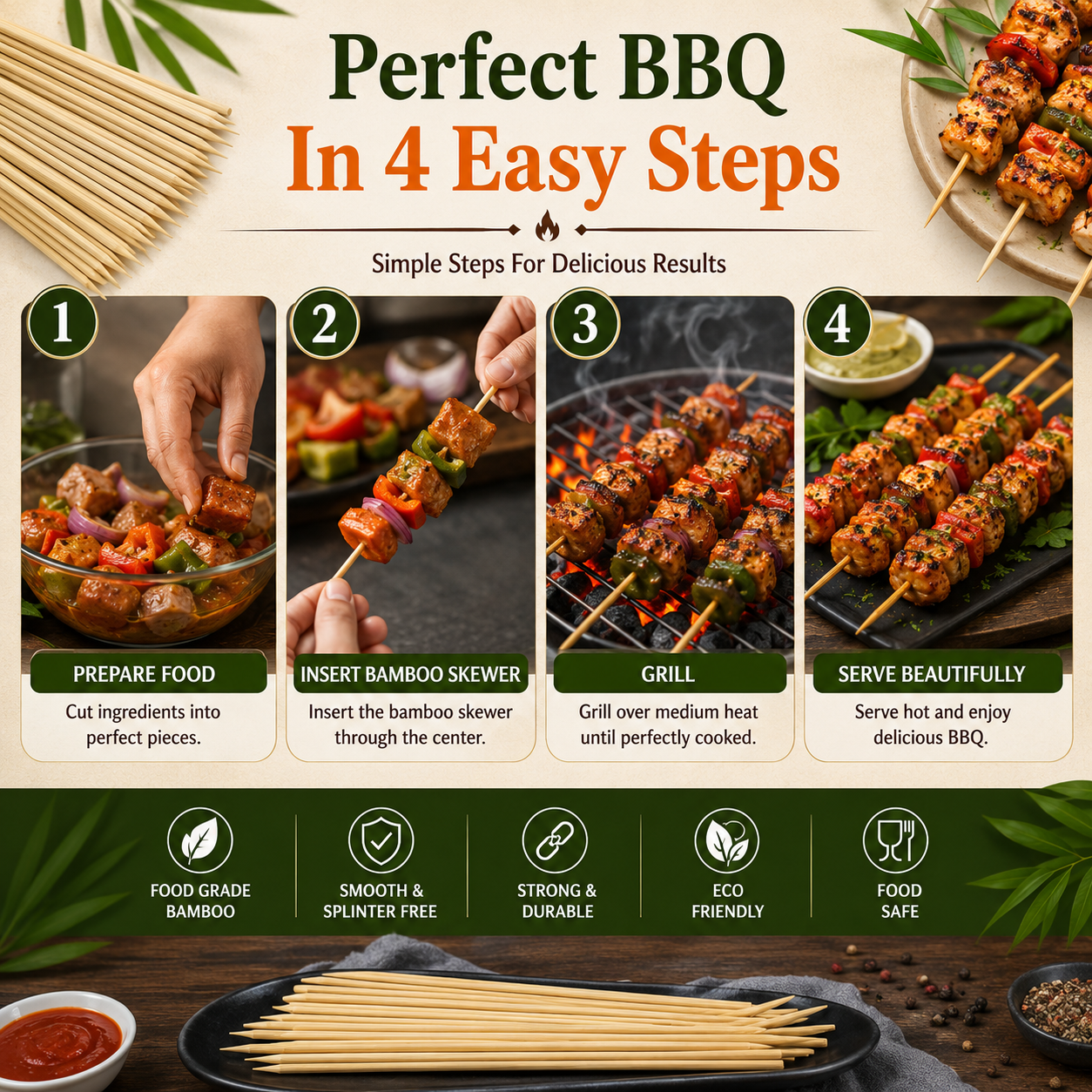 10cm Premium Bamboo Skewers – Eco-Friendly Wooden BBQ Sticks for Grilling, Food Presentation & Parties