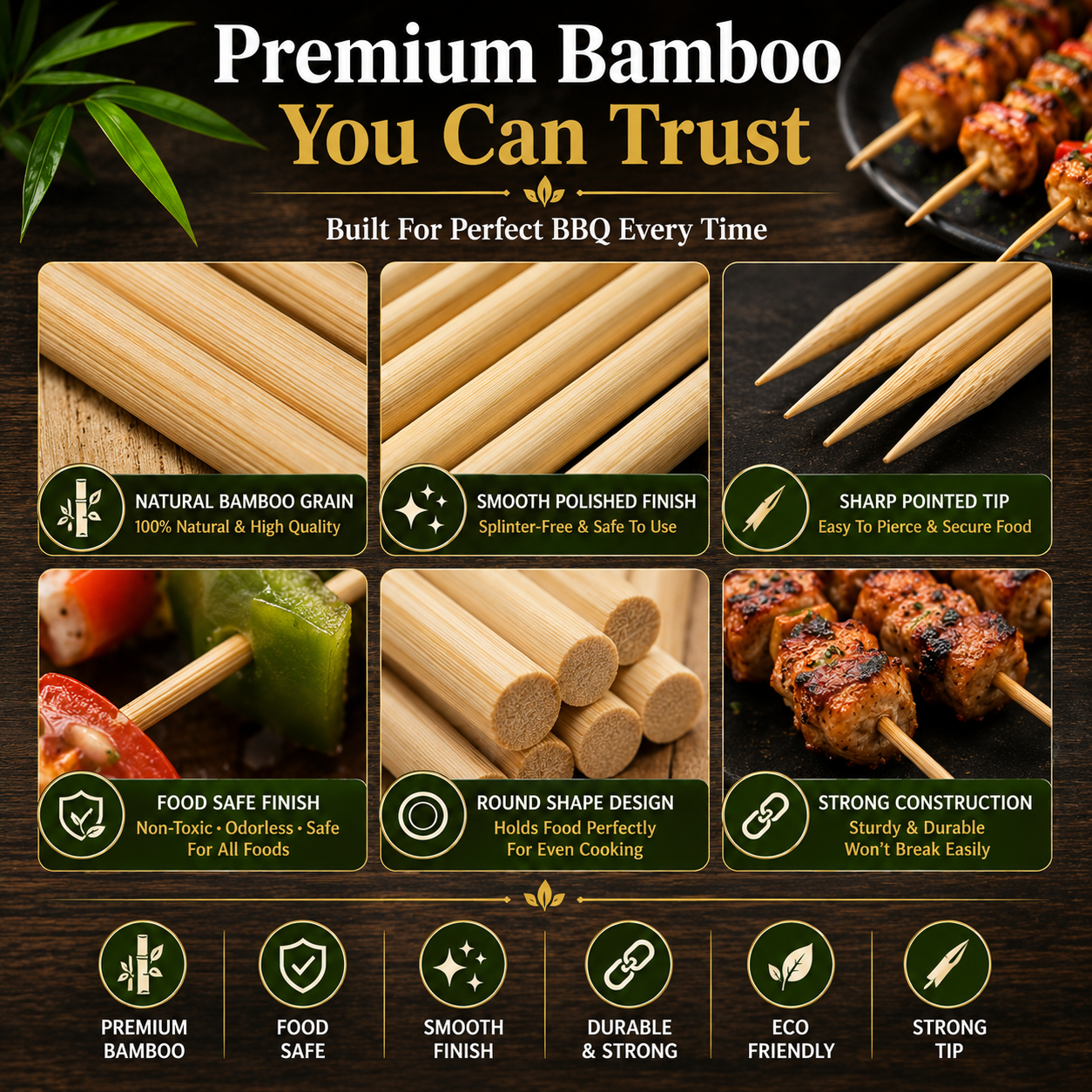 10cm Premium Bamboo Skewers – Eco-Friendly Wooden BBQ Sticks for Grilling, Food Presentation & Parties
