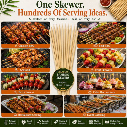 10cm Premium Bamboo Skewers – Eco-Friendly Wooden BBQ Sticks for Grilling, Food Presentation & Parties