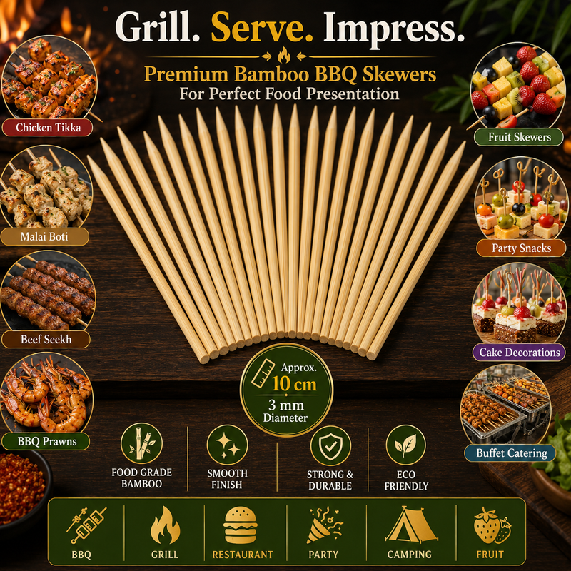 10cm Premium Bamboo Skewers – Eco-Friendly Wooden BBQ Sticks for Grilling, Food Presentation & Parties