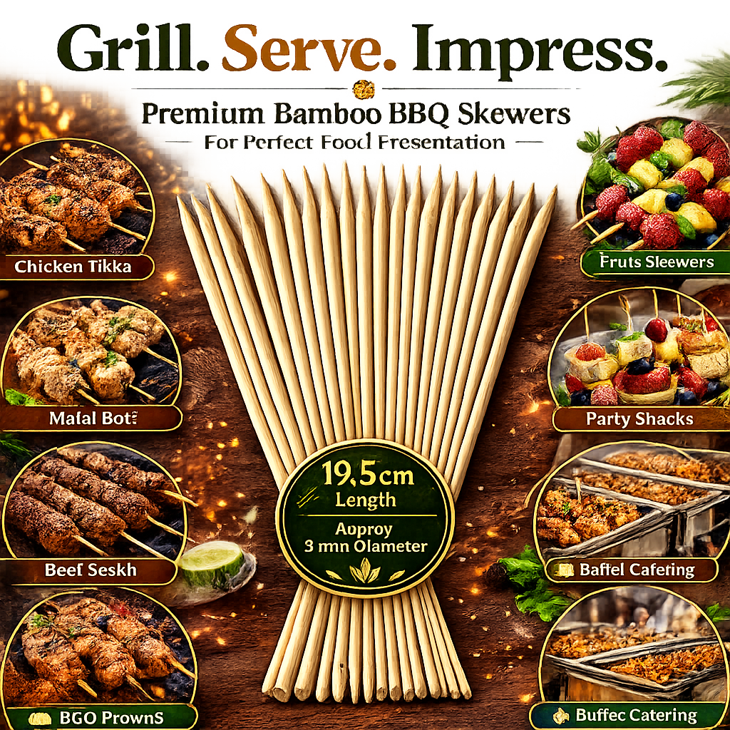 Premium 19.5cm Wooden Skewers – Food Grade Bamboo Sticks for BBQ, Chicken, Meat, Fruits & Restaurant Use