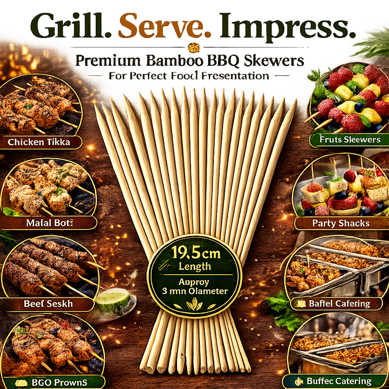 Premium 19.5cm Wooden Skewers – Food Grade Bamboo Sticks for BBQ, Chicken, Meat, Fruits & Restaurant Use