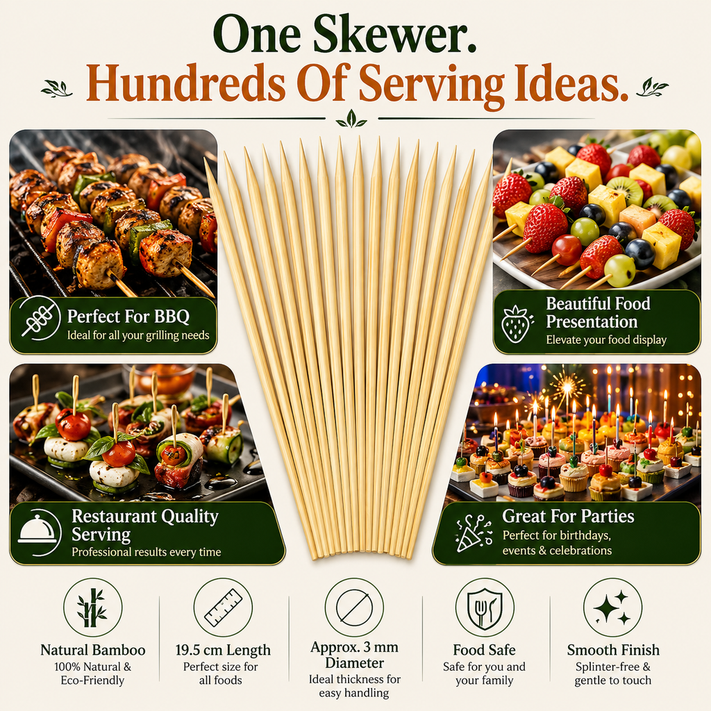 Premium 19.5cm Wooden Skewers – Food Grade Bamboo Sticks for BBQ, Chicken, Meat, Fruits & Restaurant Use