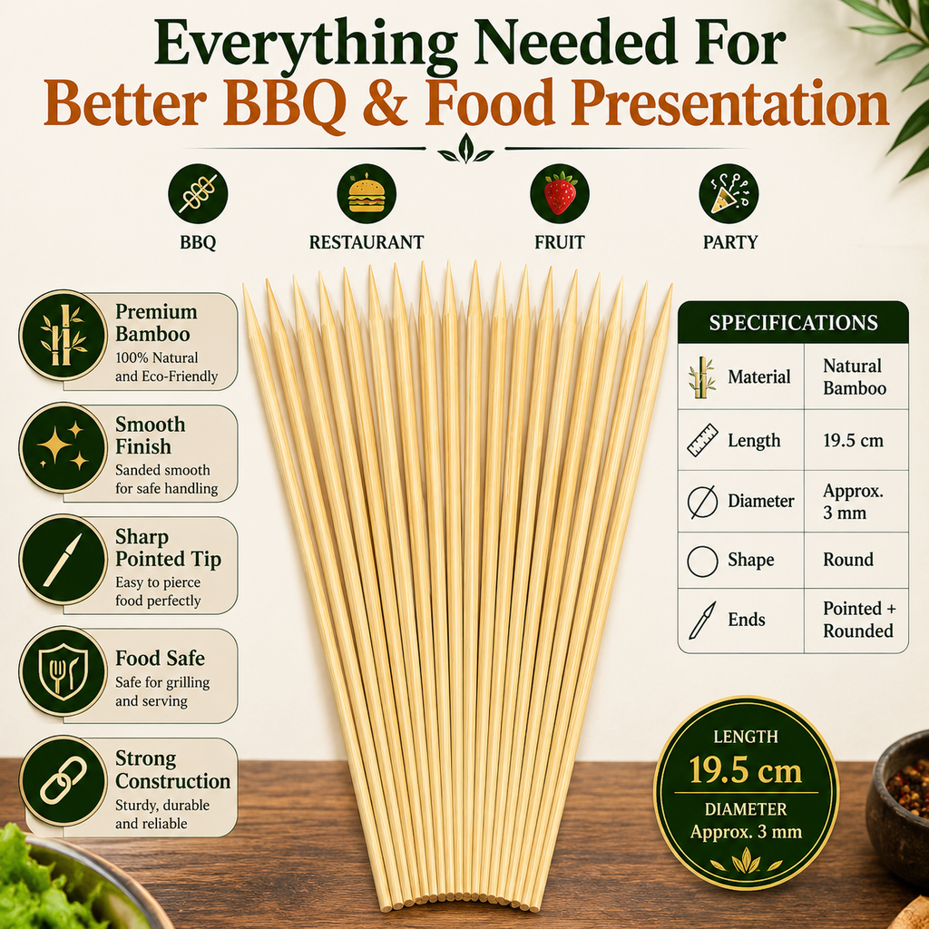 Premium 19.5cm Wooden Skewers – Food Grade Bamboo Sticks for BBQ, Chicken, Meat, Fruits & Restaurant Use