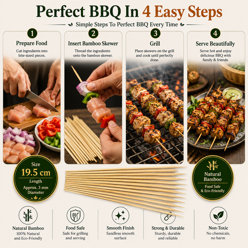 Premium 19.5cm Wooden Skewers – Food Grade Bamboo Sticks for BBQ, Chicken, Meat, Fruits & Restaurant Use